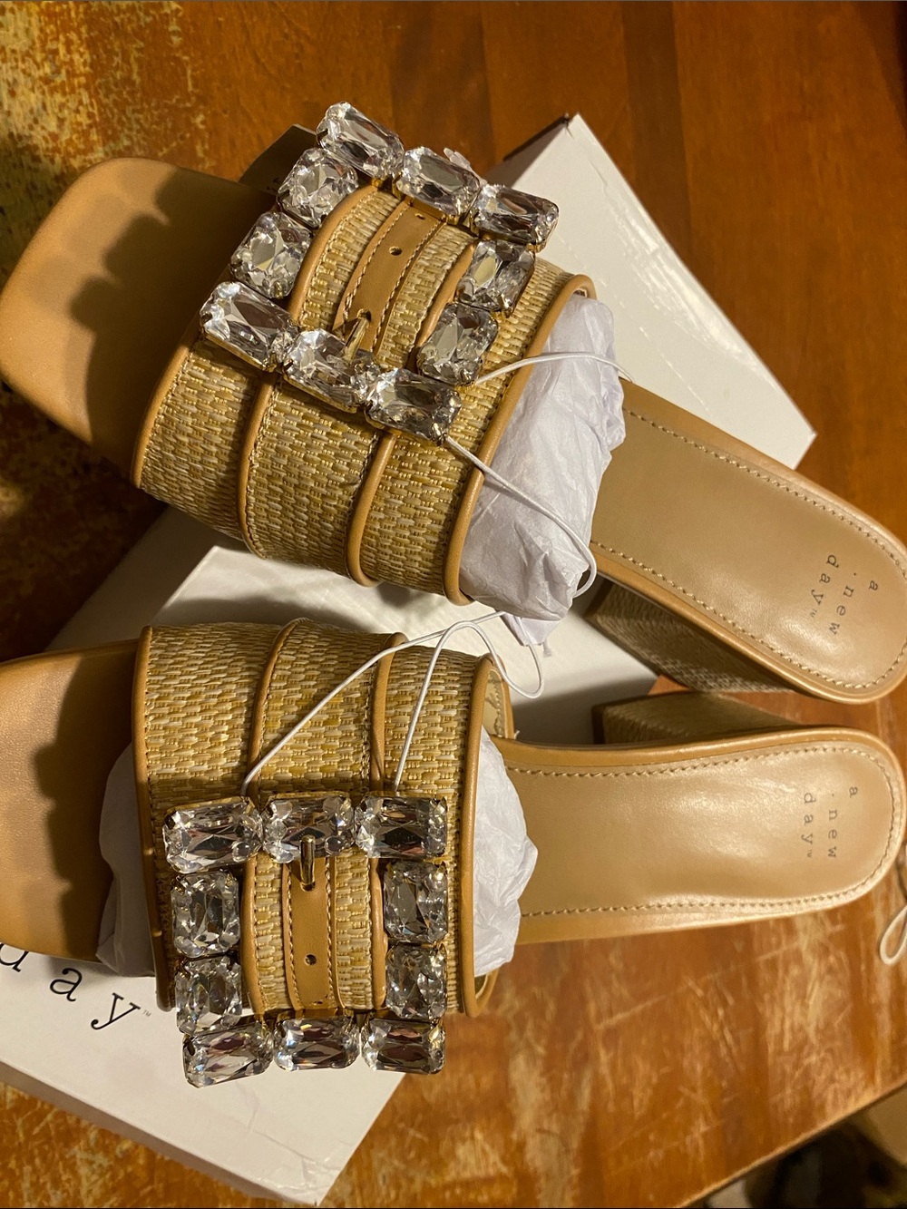 New day Tan Jeweled Buckle Block Heel Mules - Picture 3 of 4